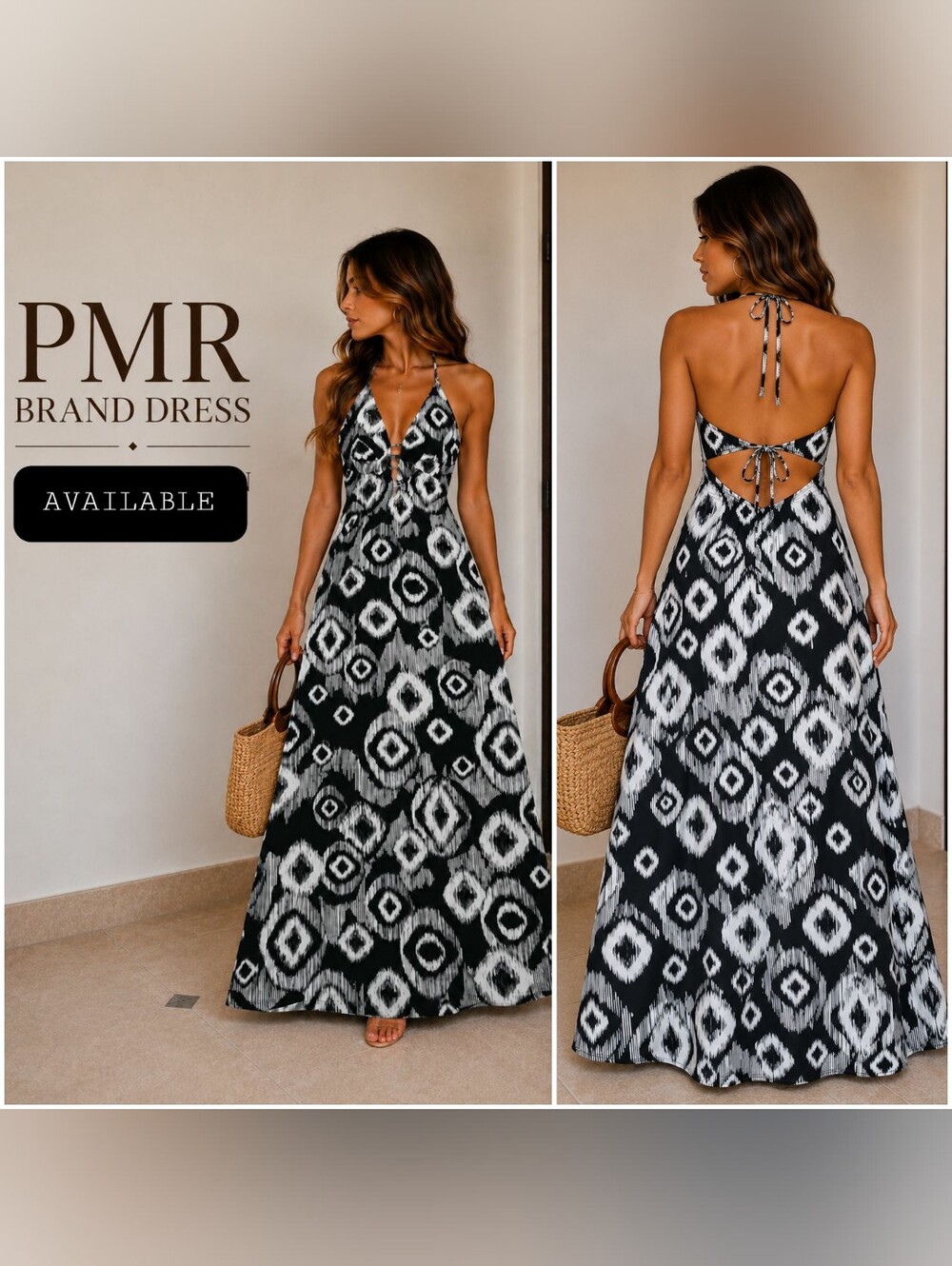 Black & White Backless Halter Maxi Dress